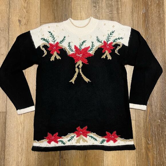 VTG Dana Scott Wool Blend Holiday Christmas Poinsettia Sweater Black Gold Size L - Picture 1 of 6